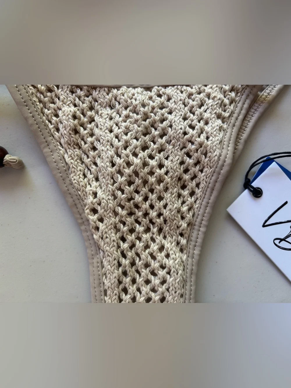 VDM The Label Reversible  Beige Crochet Triangle Bikini Set, Size XS